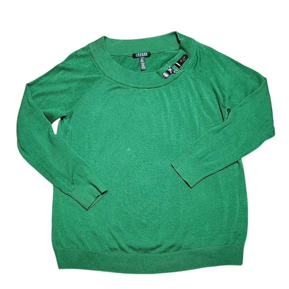 Lauren Ralph Lauren Long Sleeve Pull Over Cotton Sweater Collar Buckle 1X Green